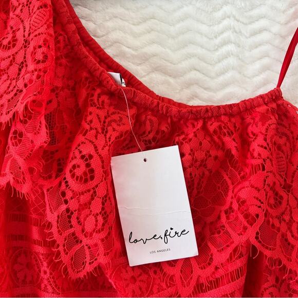 Love Fire One Shoulder Red Floral Lace Mini Dress Side Medium NWT - Picture 5 of 11